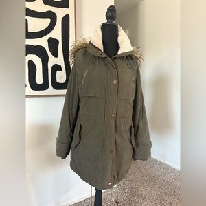 DKNY Olive Hooded Parka with Faux Fur Trim